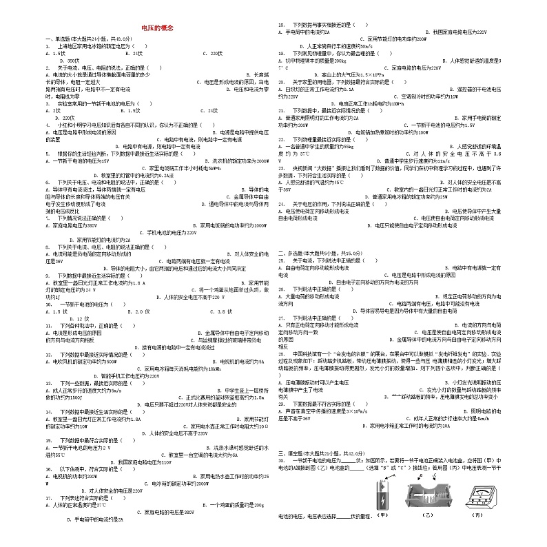 中考物理电压的概念专项练习01