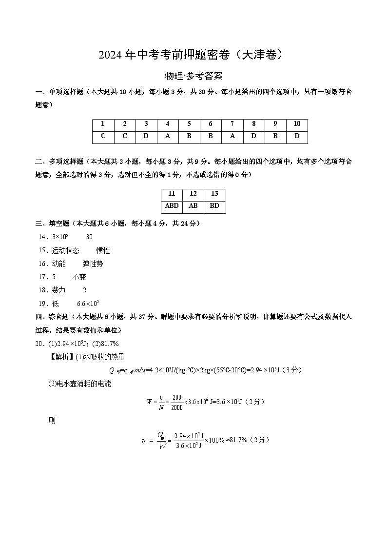 物理(天津卷)(参考答案及评分标准)第1页