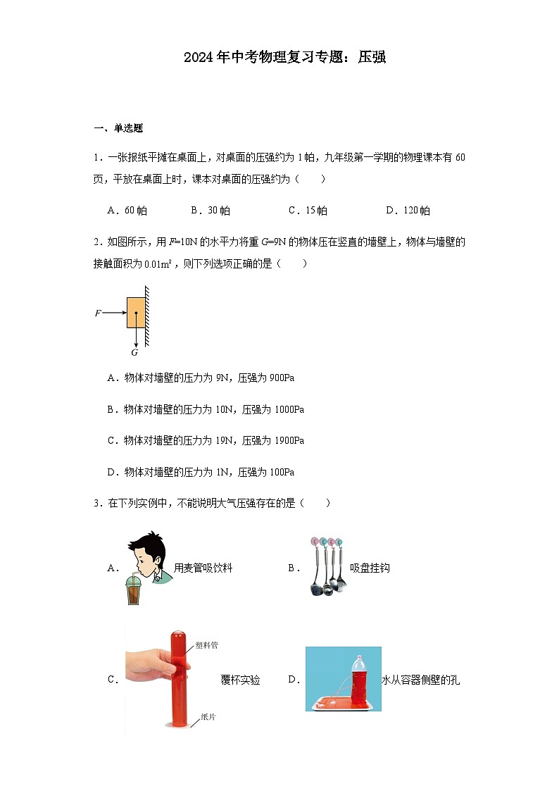 2024年中考物理复习训练专题压强含答案第1页