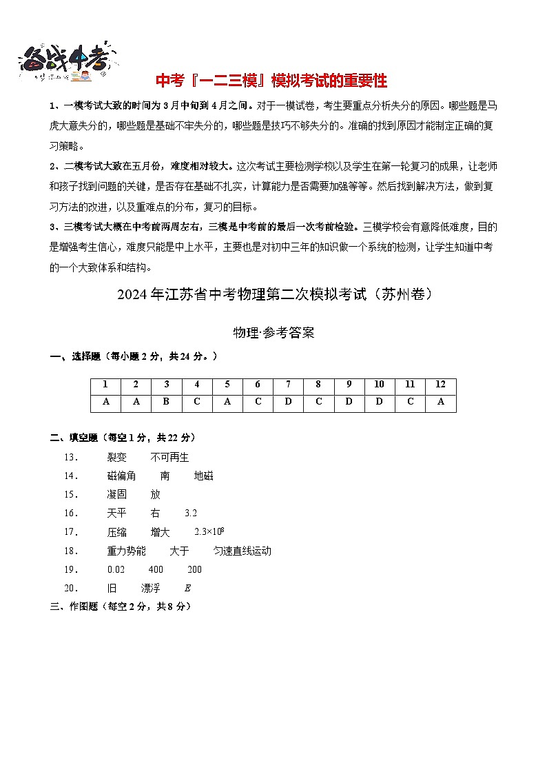 2024年江蘇省中考物理第二次模擬考試（蘇州卷）（參考答案及評分標(biāo)準(zhǔn)）第1頁