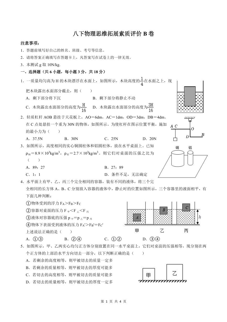 安徽省淮南市凤台县第四中学2023-2024学年八年级下学期物理竞赛试题B卷