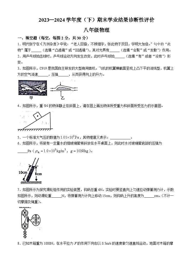 安徽省阜阳市界首市2023-2024学年八年级下学期6月期末物理试题(无答案)第1页