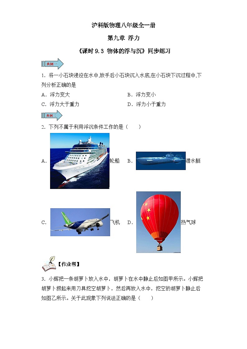 【核心素养目标】沪科版+初中物理+八年级全一册 9.3 物体的浮与沉 课时1 课件+教案+练习(含教学反思和答案)01