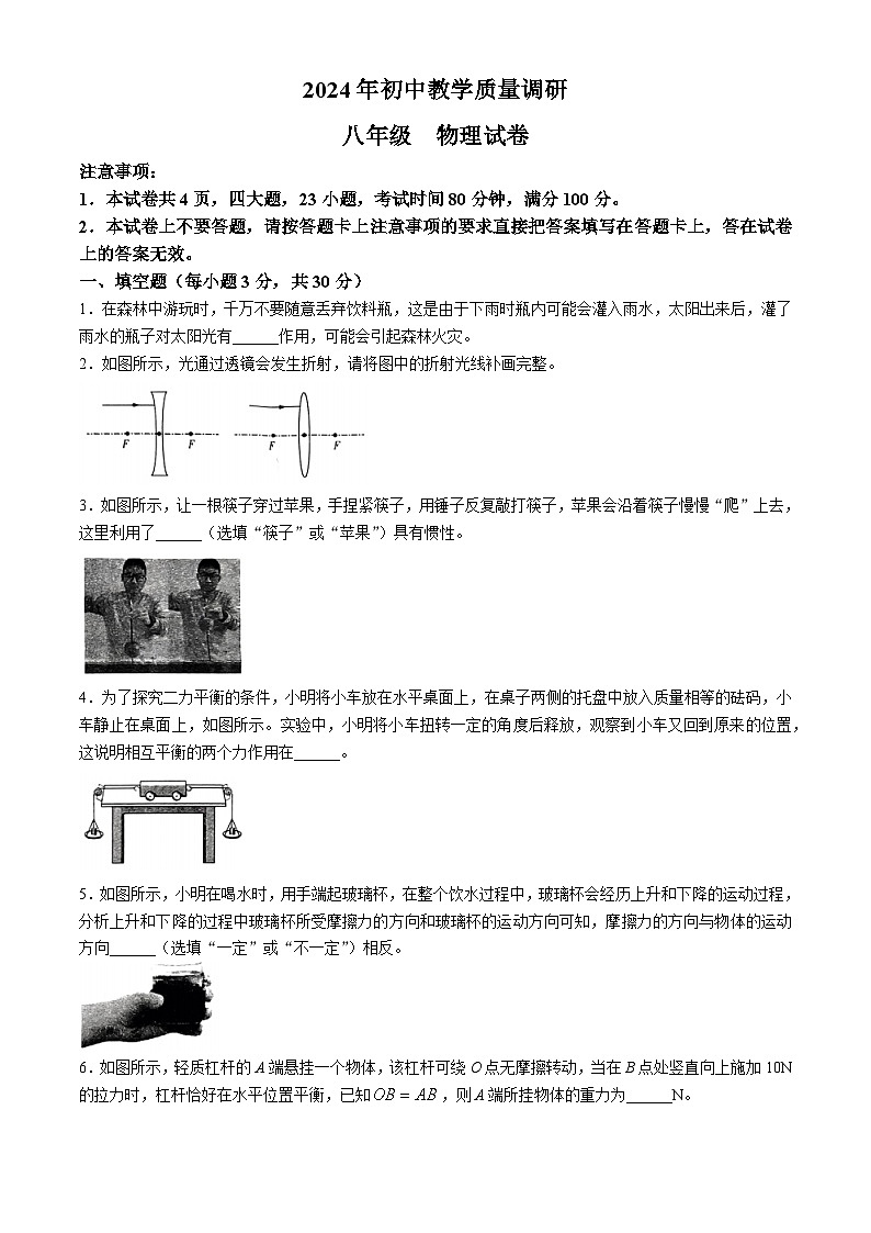 安徽省阜阳市阜南县2023-2024学年八年级下学期期末考试物理试题(无答案)01