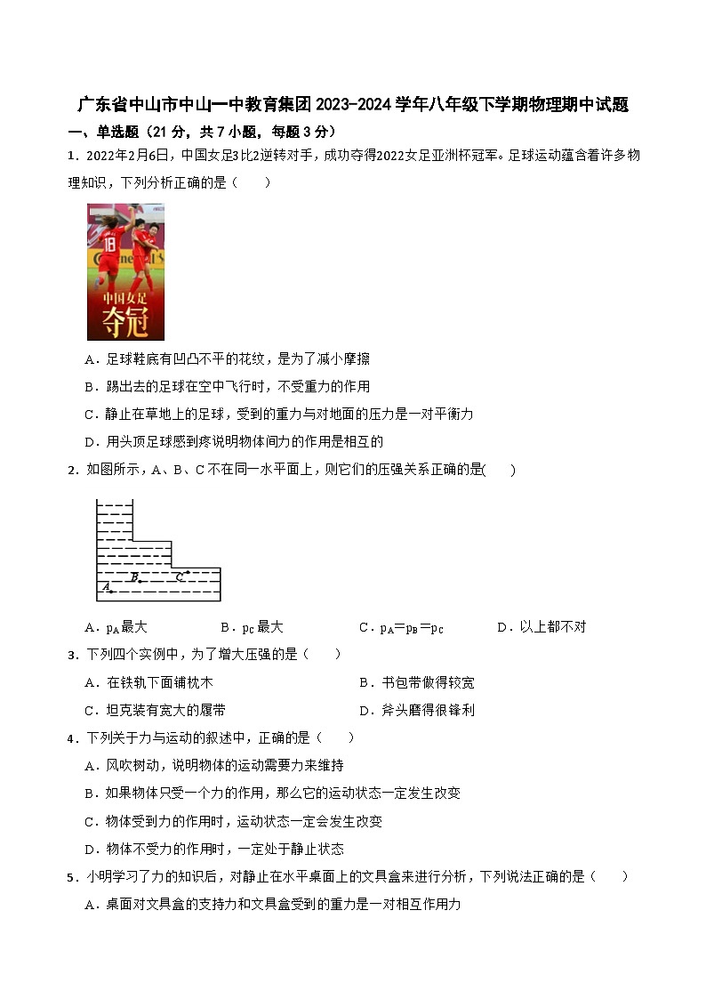 广东省中山市中山一中教育集团2023-2024学年八年级下学期物理期中试题01
