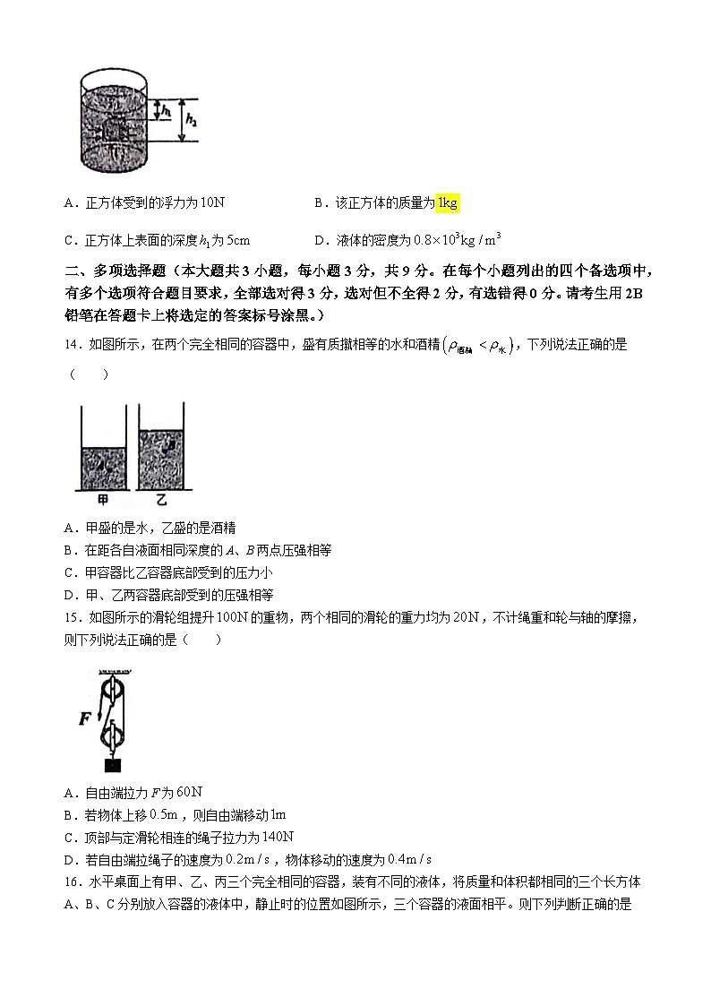 广西河池市宜州区2023-2024学年八年级下学期期末物理试卷第3页