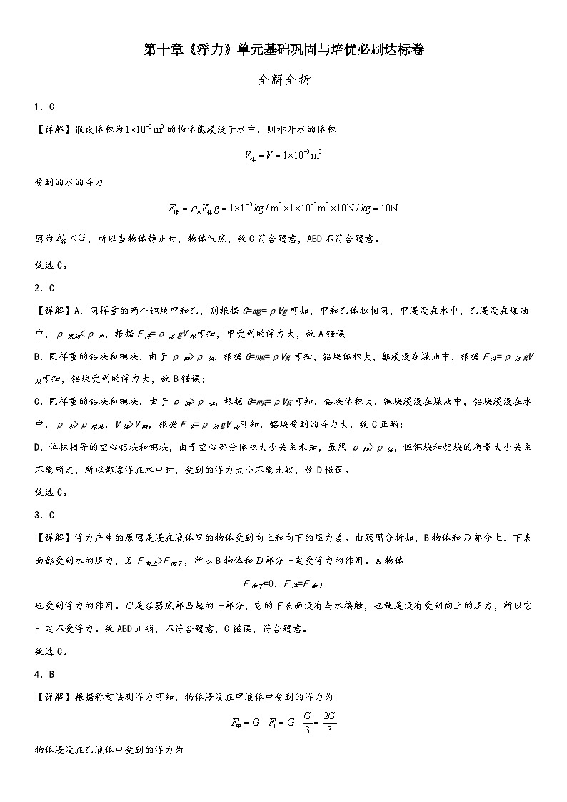 人教版八年级下册物理精讲与精练突破第十章《浮力》单元基础巩固与培优必刷达标卷全解全析(附答案)第1页