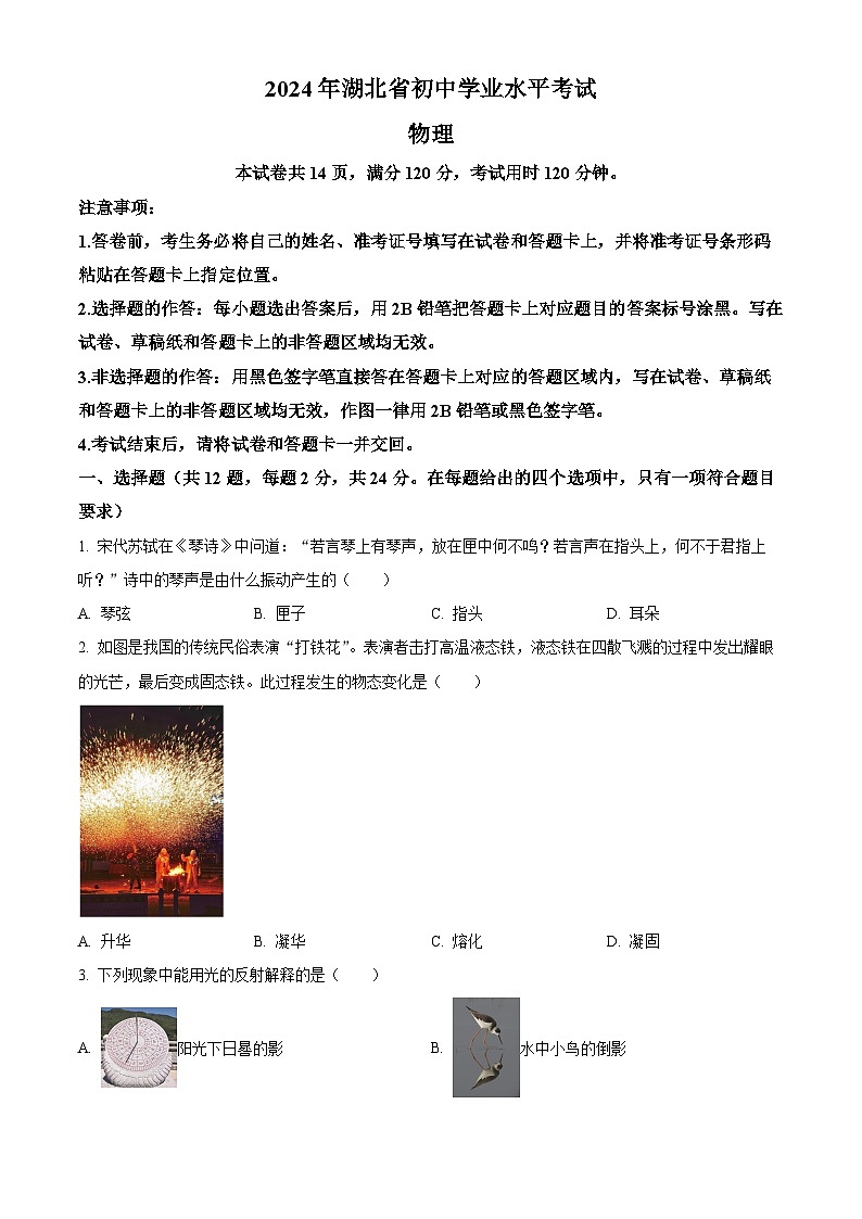 精品解析:2024年湖北省中考物理试题(原卷版)01