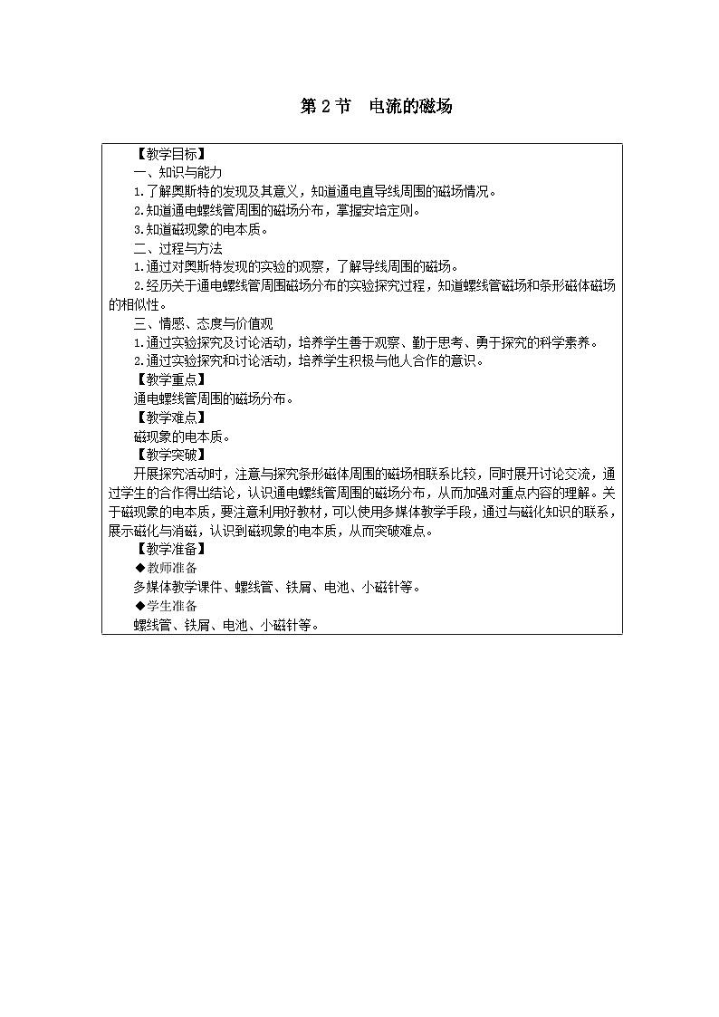 第7章 磁與電 第2節(jié) 電流的磁場(chǎng) 教案第1頁(yè)