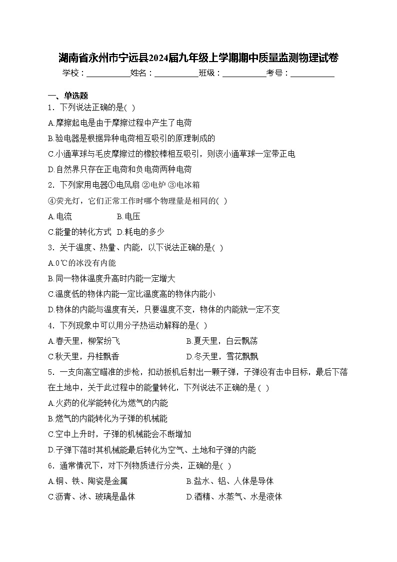 湖南省永州市宁远县2024届九年级上学期期中质量监测物理试卷(含答案)01