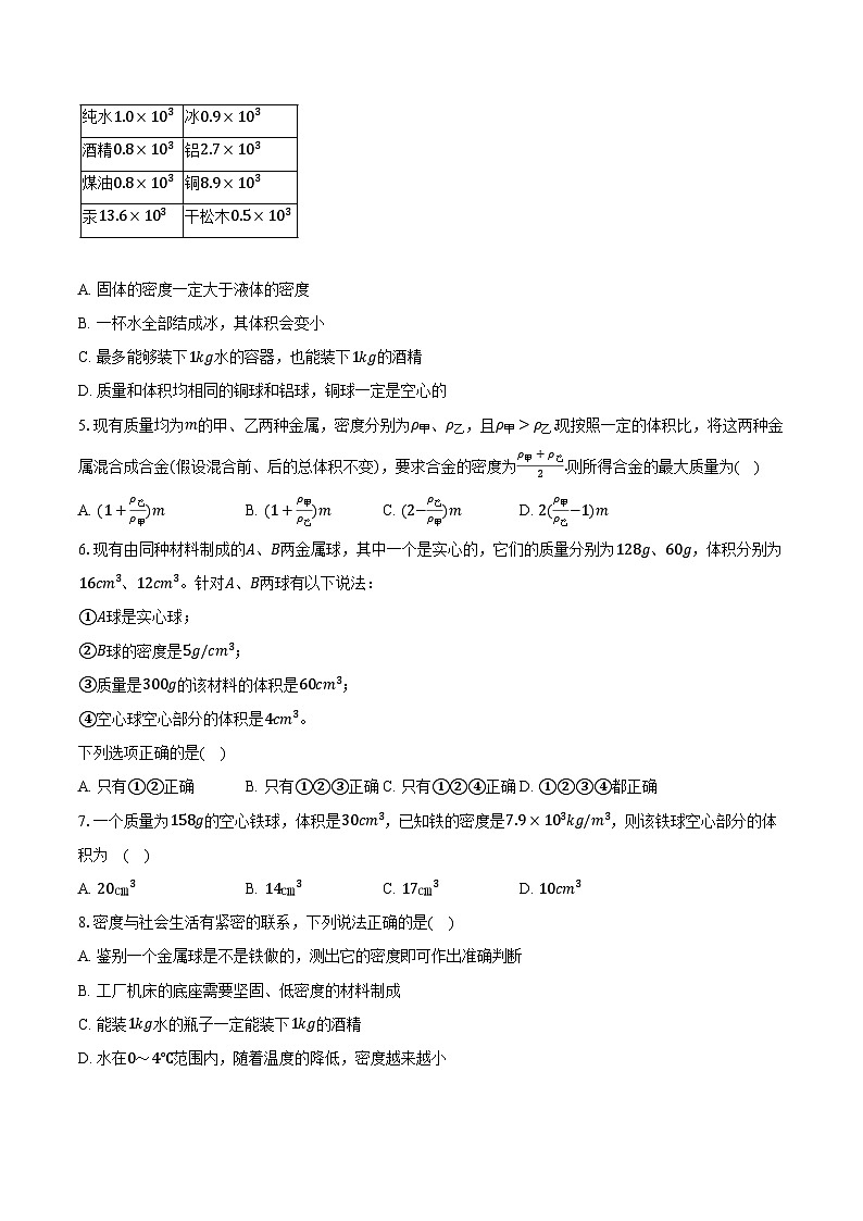 6.4密度与社会生活 人教版初中物理八年级上册同步练习(含详细答案解析)02
