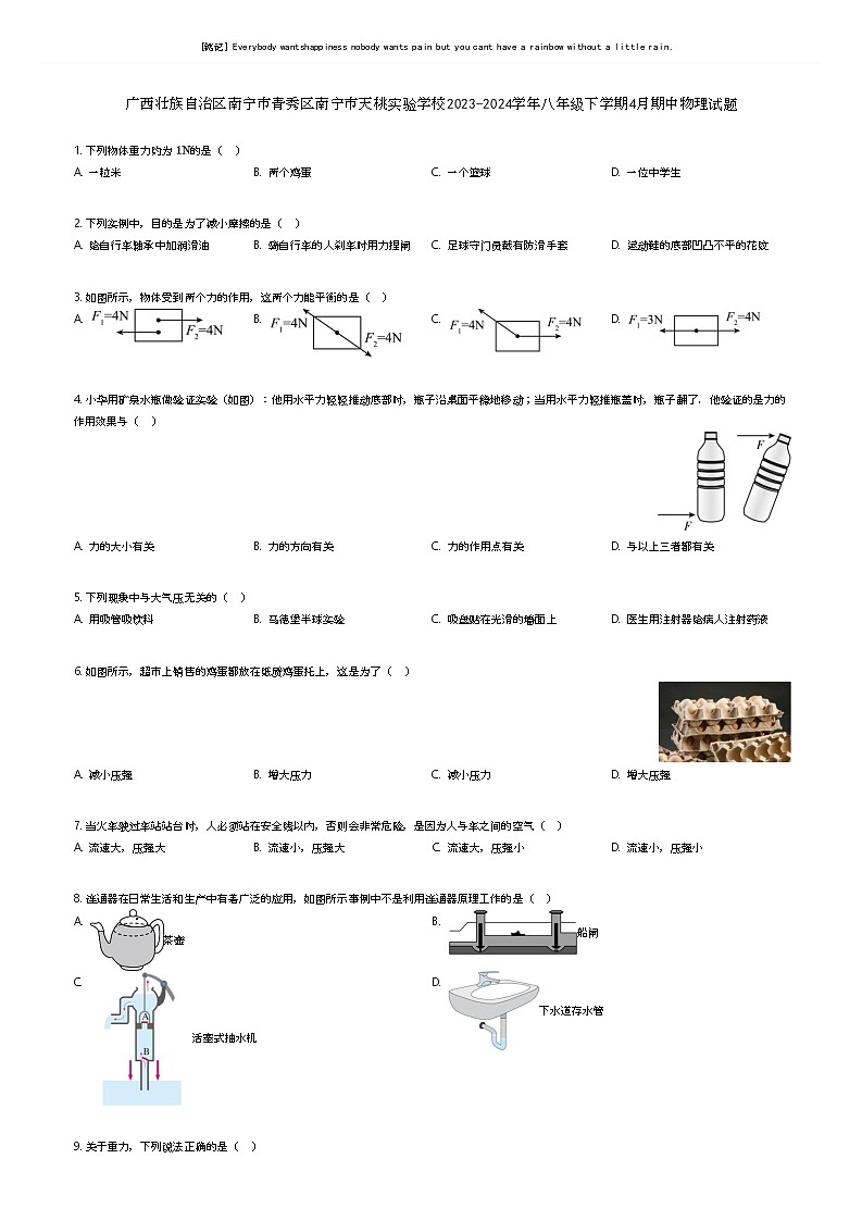 广西壮族自治区南宁市青秀区南宁市天桃实验学校2023-2024学年八年级下学期4月期中物理试题原题版第1页