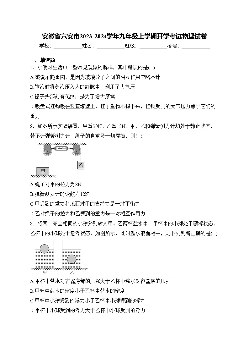 安徽省六安市2023-2024学年九年级上学期开学考试物理试卷(含答案)01