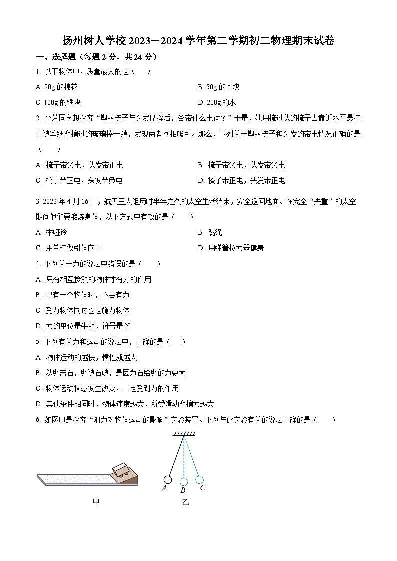 江蘇省揚(yáng)州中學(xué)教育集團(tuán)樹人學(xué)校2023-2024學(xué)年八年級(jí)下學(xué)期期末物理試題(原卷版)第1頁