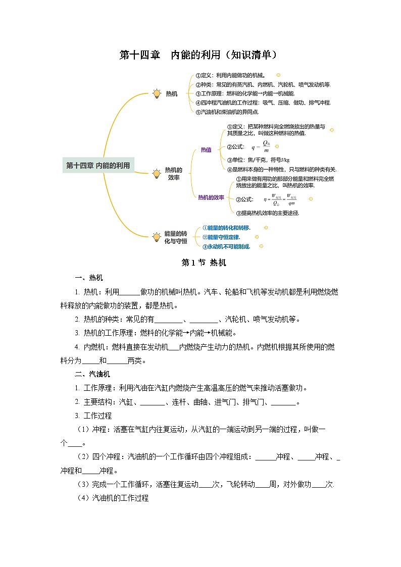 人教版初中物理九年级全册 第十四章 《内能的利用》知识清单(学生版)+(教师版)01