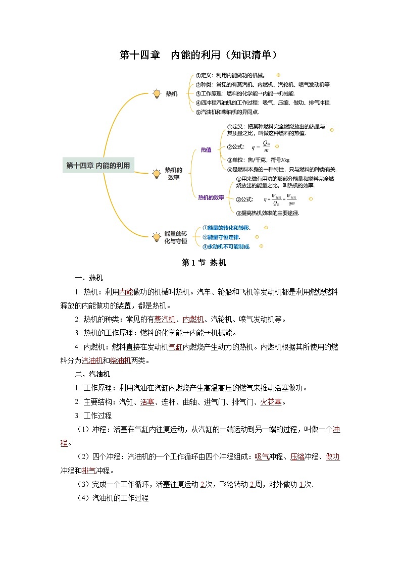 人教版初中物理九年级全册 第十四章 《内能的利用》知识清单(学生版)+(教师版)01