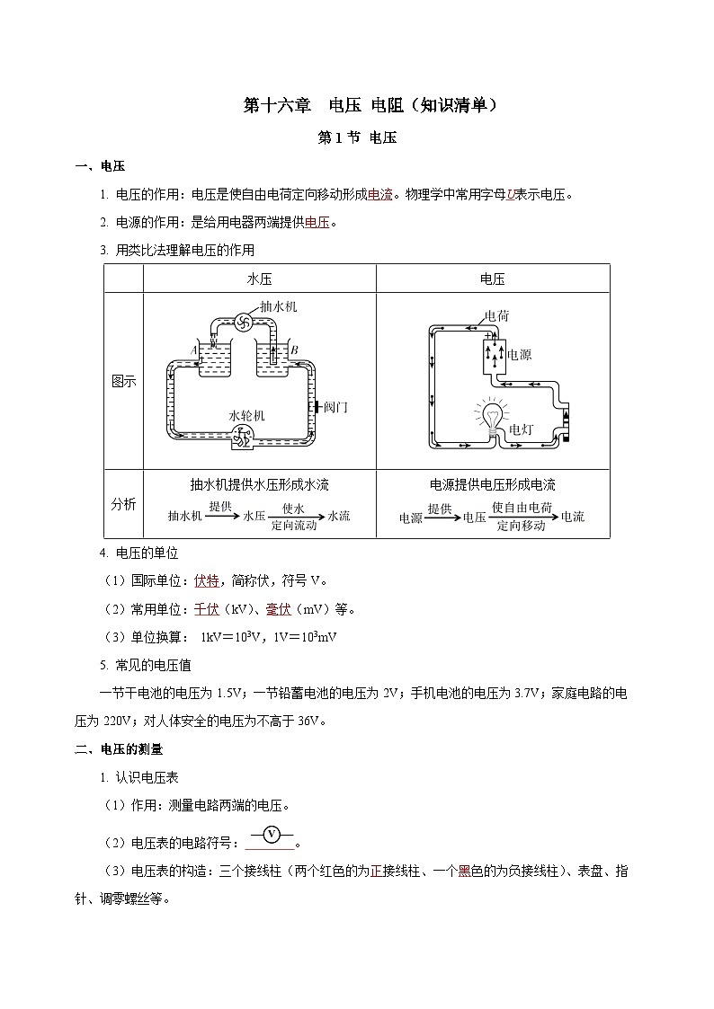 人教版九年級全冊 第十六章 《電壓 電阻》知識清單【教師版】第1頁