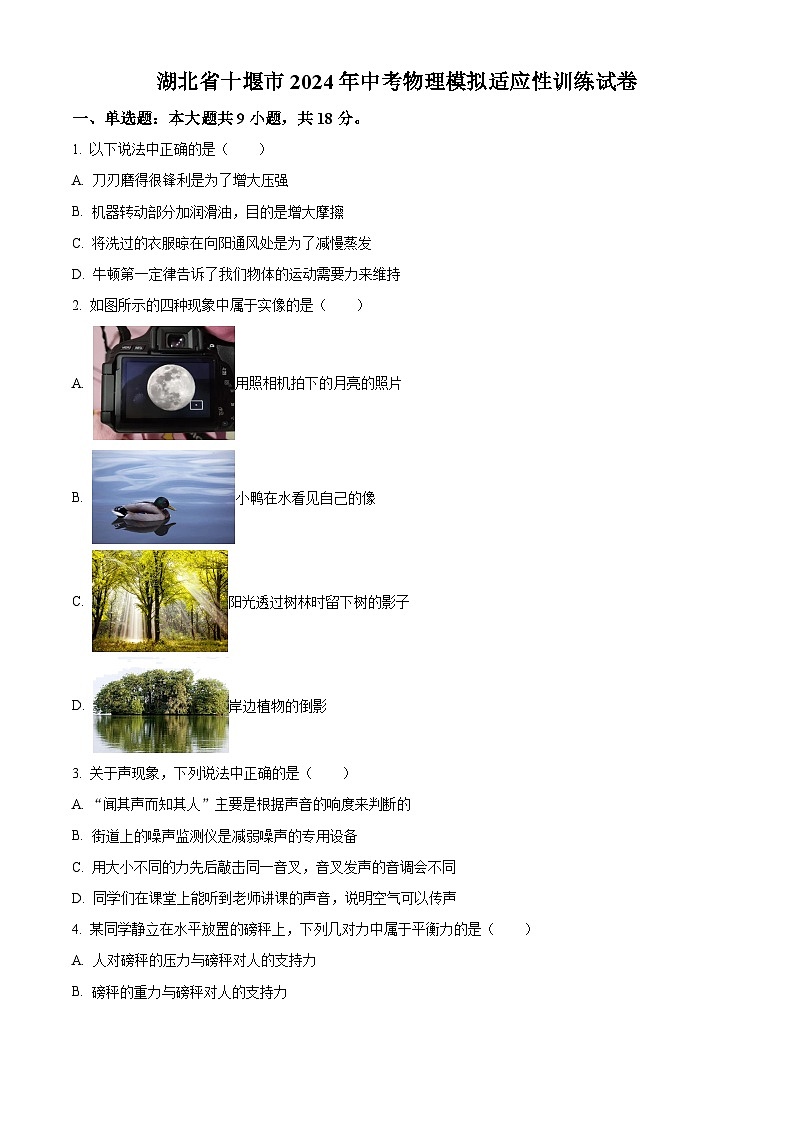 2024年湖北省十堰市中考模拟适应性训练物理试题(原卷版)第1页