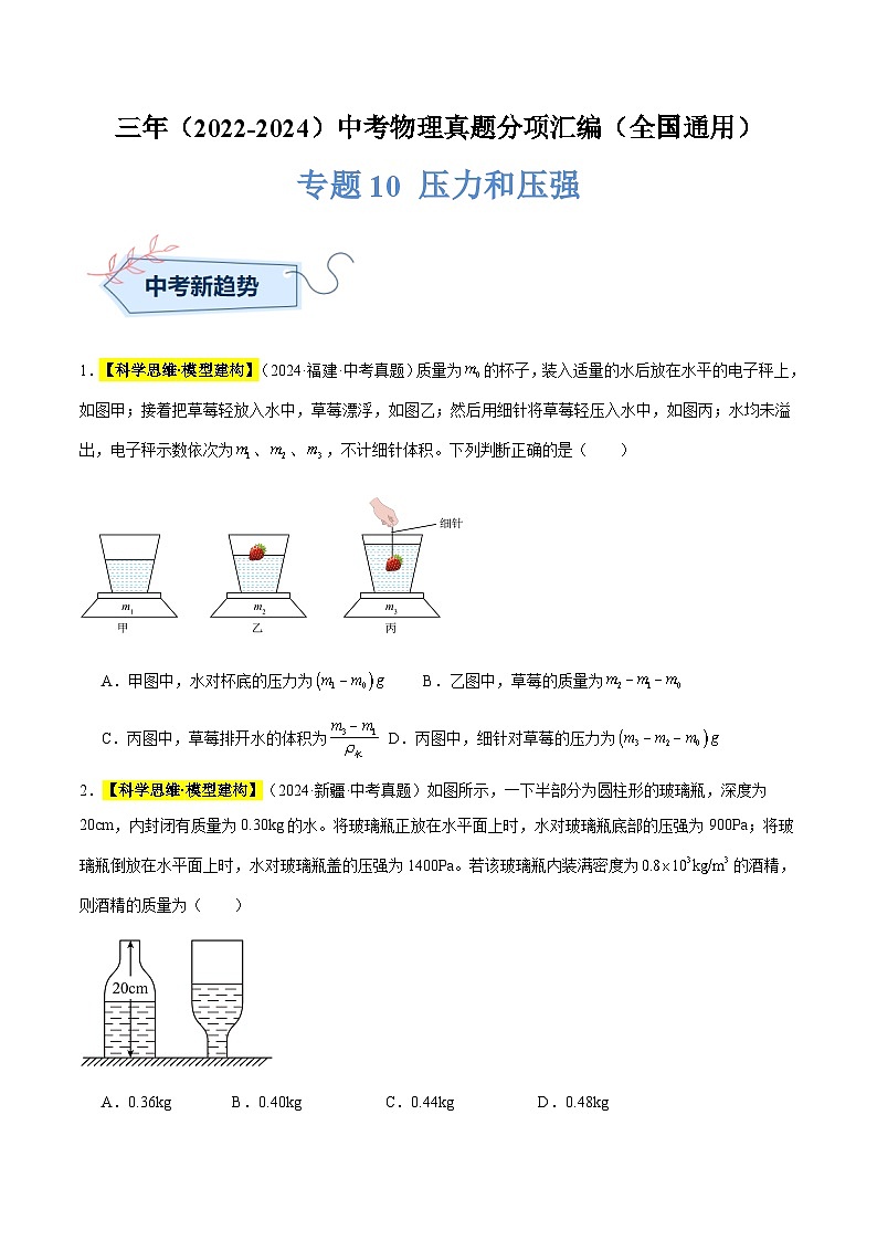 三年(2022-2024)中考物理真题分类汇编(全国通用)专题10 压力和压强(原卷版)第1页