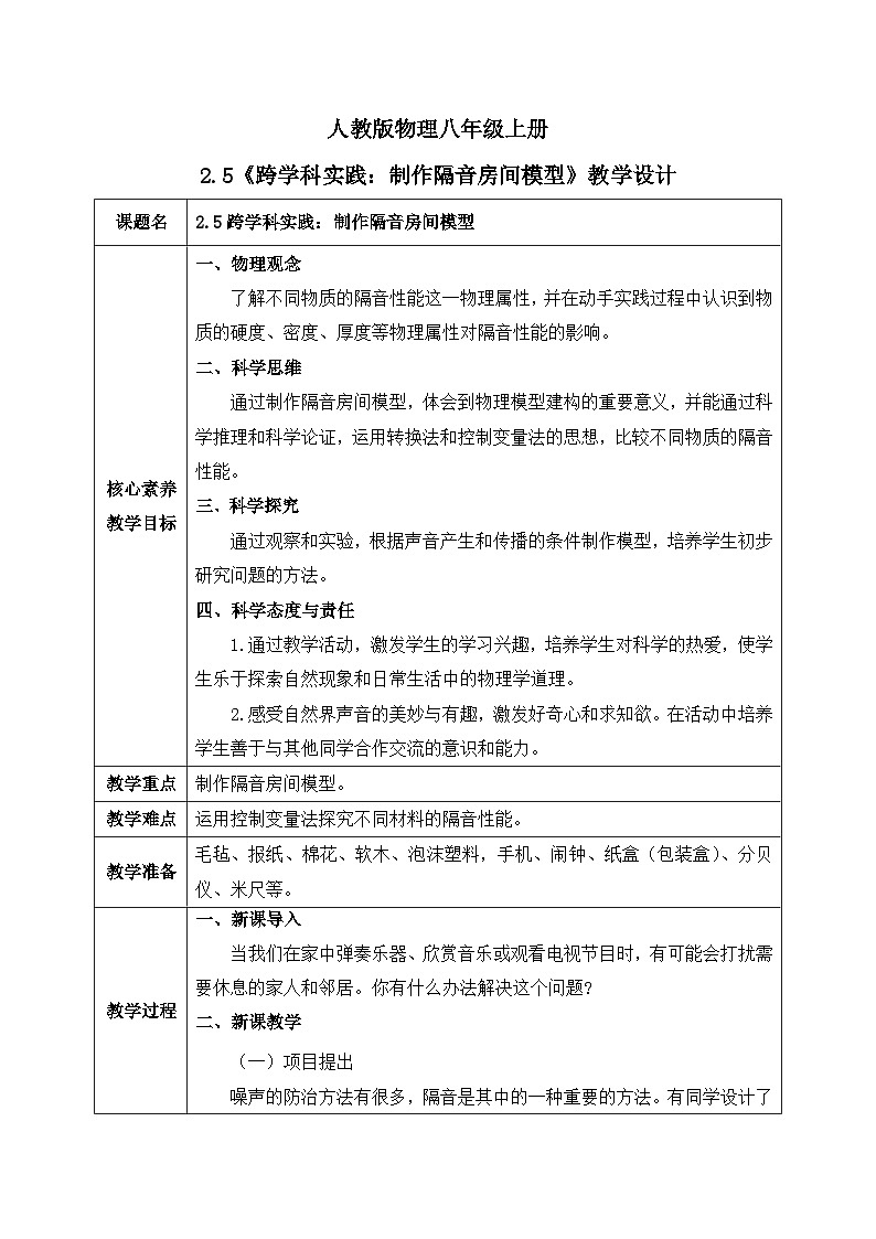 【核心素養(yǎng)】人教版八年級(jí)上冊(cè)+第二章+第5節(jié)《跨學(xué)科實(shí)踐:制作隔音房間模型》教案第1頁(yè)