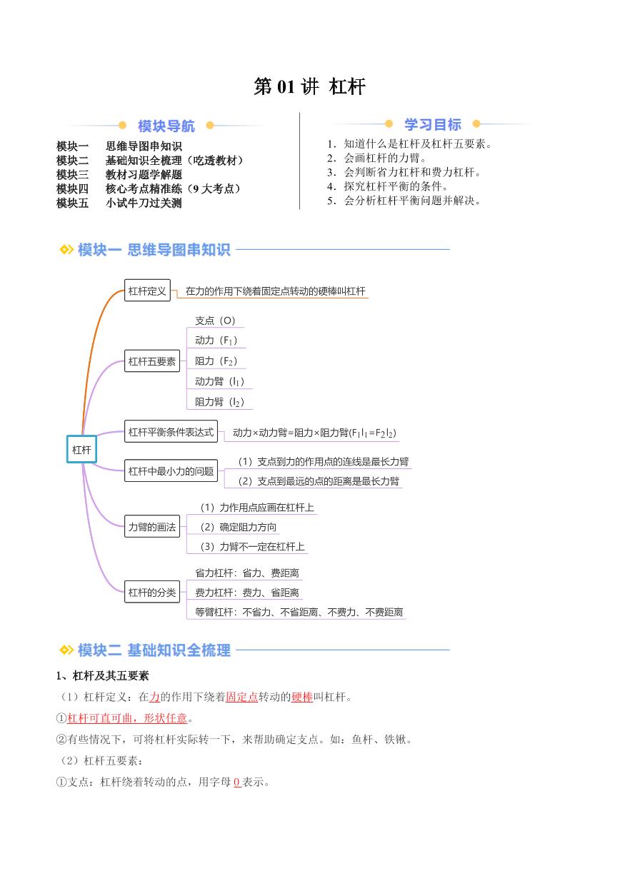 第01讲 杠杆（含答案） 2024年新九年级物理暑假提升讲义（苏科版）