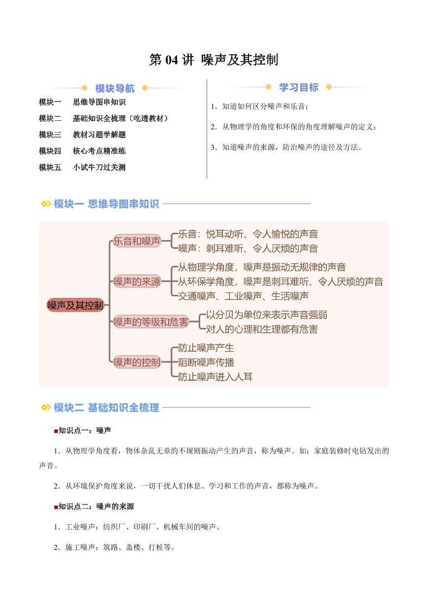 第04讲 噪声及其控制（含答案）（预习） 2024年新八年级物理暑假提升讲义（苏科版2024）