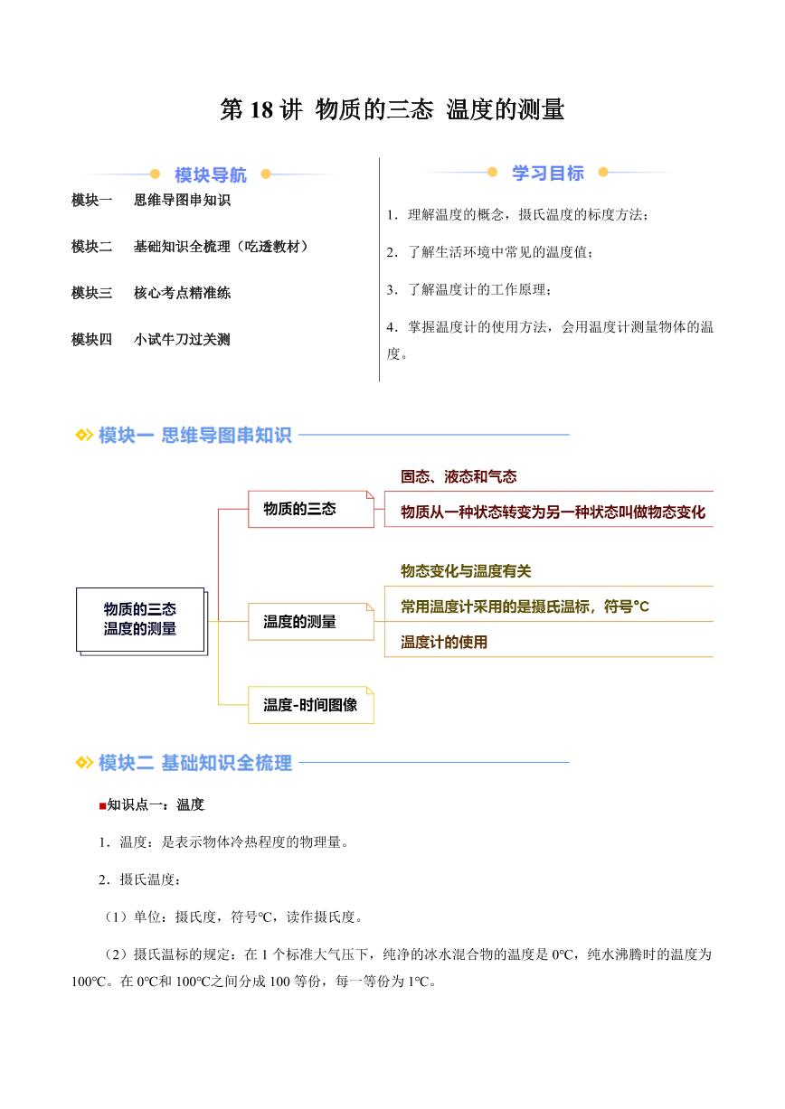 第18讲 物质的三态 温度的测量（含答案）（预习） 2024年新八年级物理暑假提升讲义（苏科版2024）