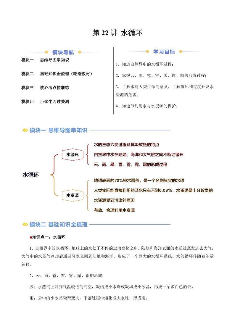 第22讲+水循环(教师版)(预习) 2024年新八年级物理暑假提升讲义(苏科版2024)第1页
