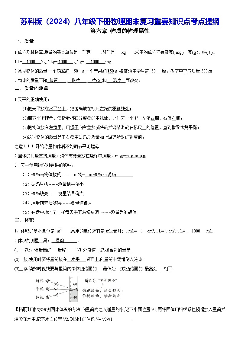 苏科版(2024)八年级下册物理期末复习重要知识点考点提纲01