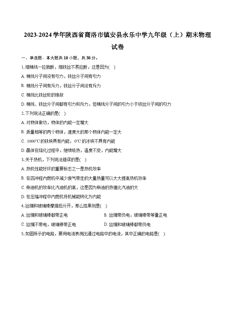 陕西省商洛市镇安县永乐中学2023-2024学年九年级上学期期末物理试卷第1页