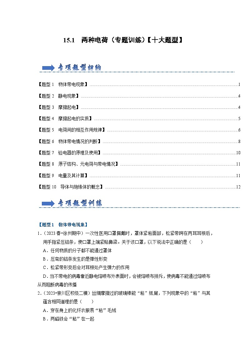 15.1 两种电荷(专题训练)【十大题型】-2024年九年级物理人教版(全册)讲义(含练习)01