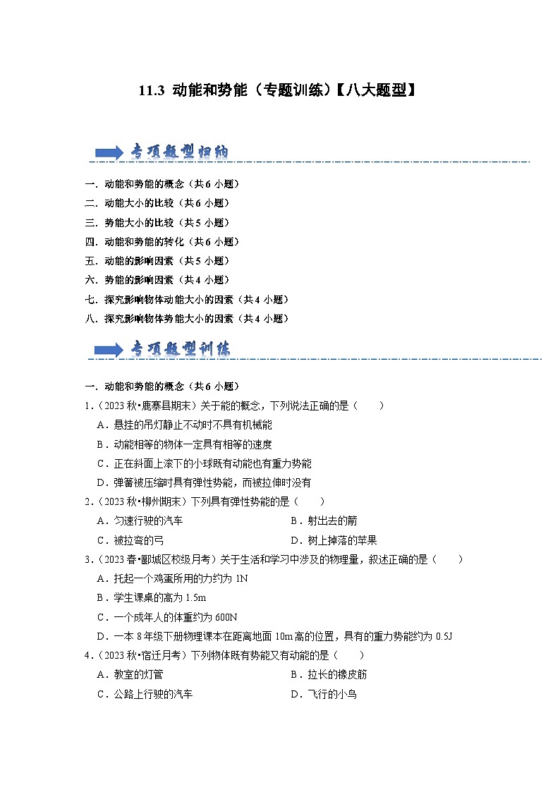 11.3 动能和势能(专题训练)【八大题型】-2024年八年级物理下册讲义(人教版)01