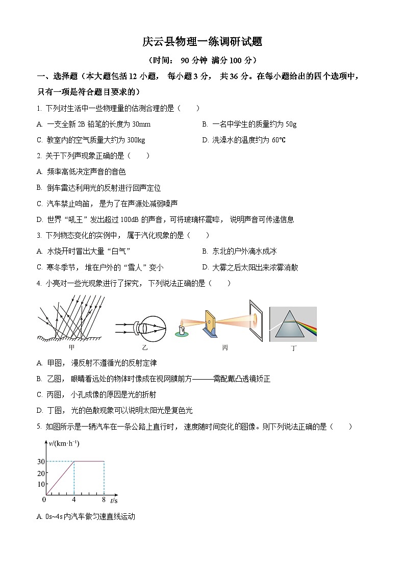 2024年山东省德州市庆云县中考一模物理试题(原卷版+解析版)01