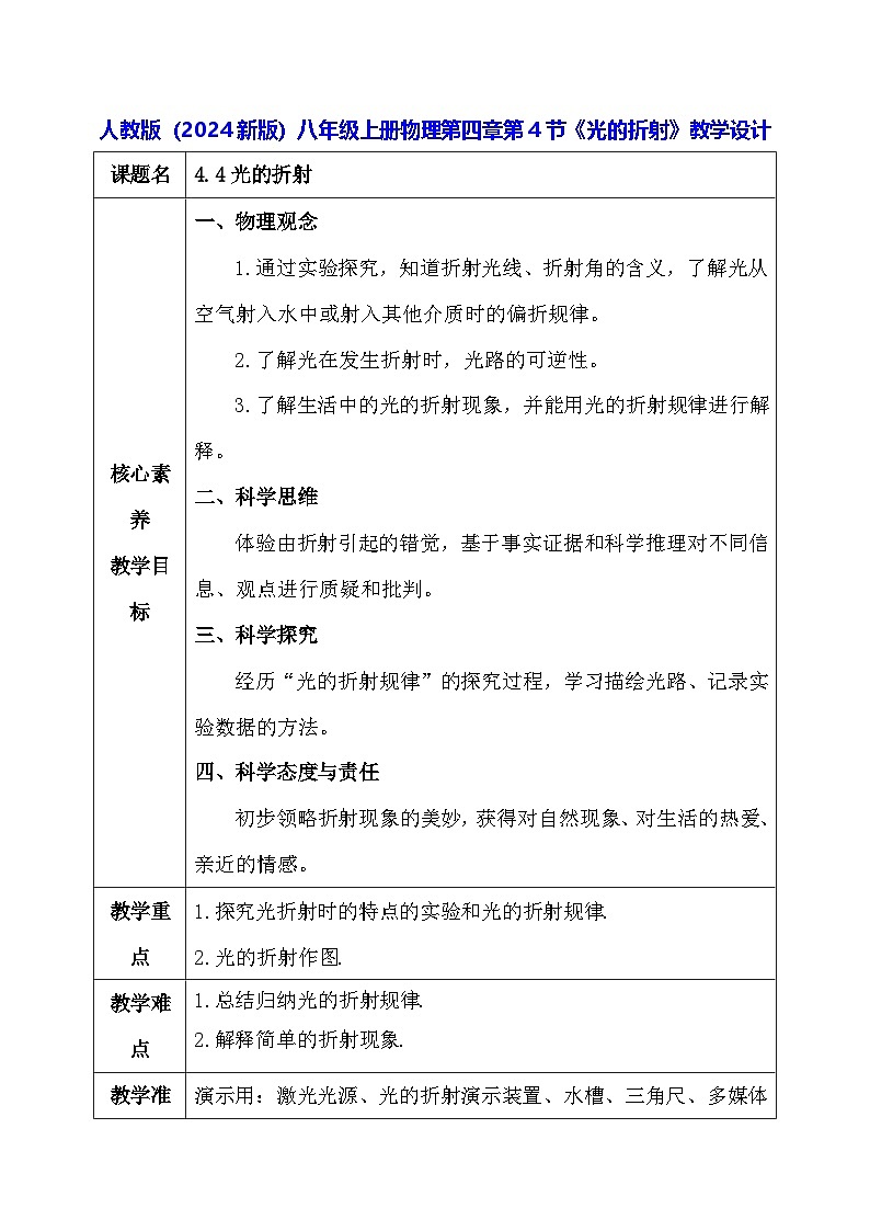 人教版（2024新版）八年級(jí)上冊(cè)物理第四章第4節(jié)《光的折射》教學(xué)設(shè)計(jì)第1頁(yè)