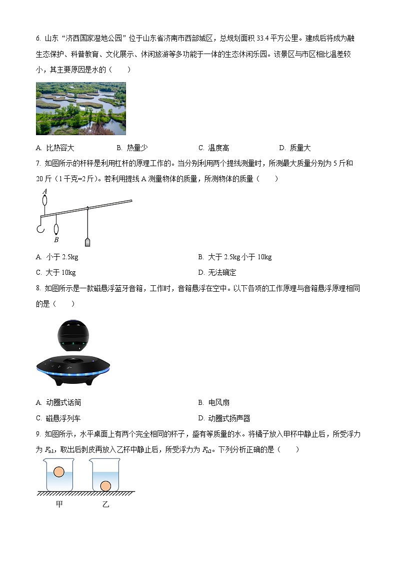 2024年山东省济南市长清区中考一模物理试题(原卷版)02