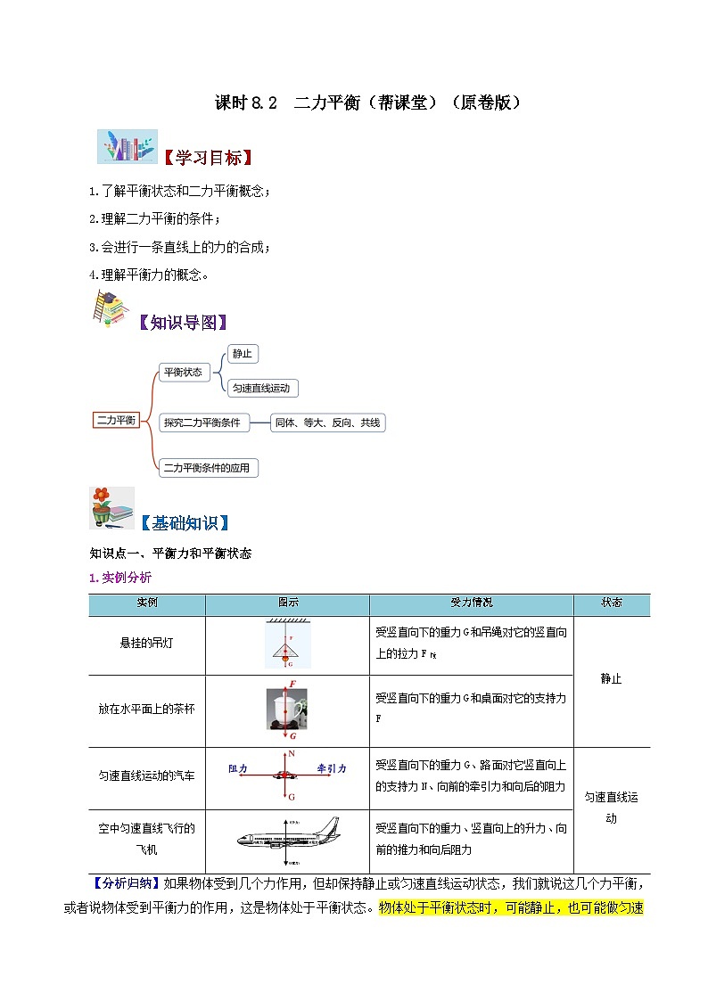 人教版八年級(jí)物理下冊(cè)同步精品講義8.2二力平衡同步練習(xí)(學(xué)生版+解析)第1頁(yè)