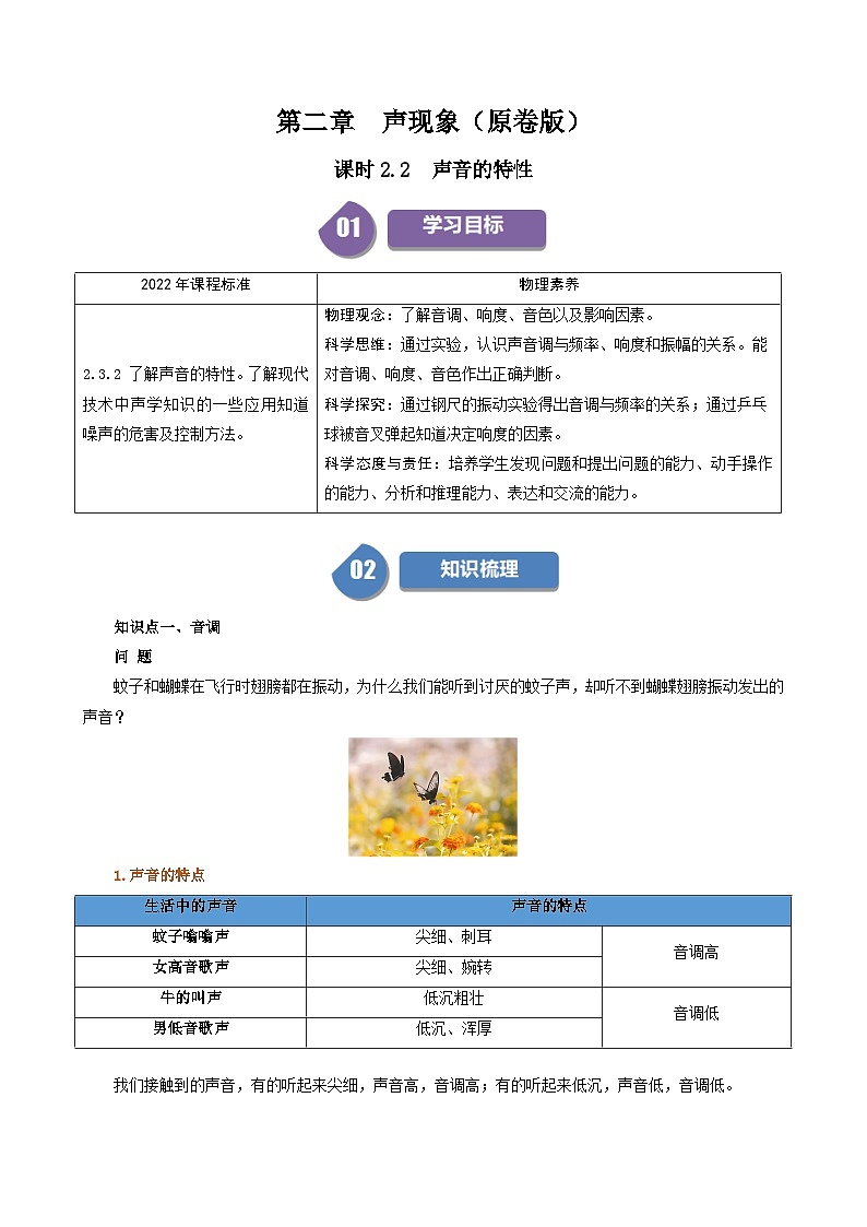 人教版2024-2025学年八年级物理上册同步精品讲义专题2.2声音的特性(学生版+解析)01