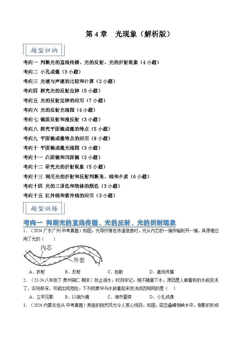 人教版2024-2025學(xué)年八年級物理上冊同步精品講義專題4.7第4章光現(xiàn)象(15大考向63題)(學(xué)生版+解析)第1頁