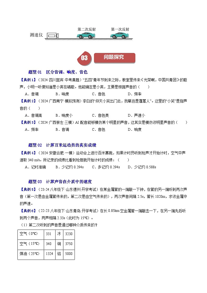 人教版2024-2025学年八年级物理上册同步精品讲义专题2.5单元专项提升01区分音调、响度、音色和有关声速的计算(学生版+解析)第3页