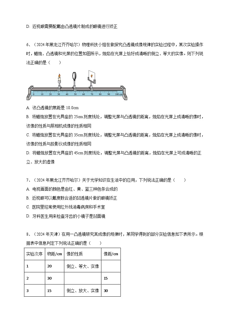 专题04 透镜及其应用(练习)-【备考2025】年中考2024物理真题分类汇编(原卷+解析)02