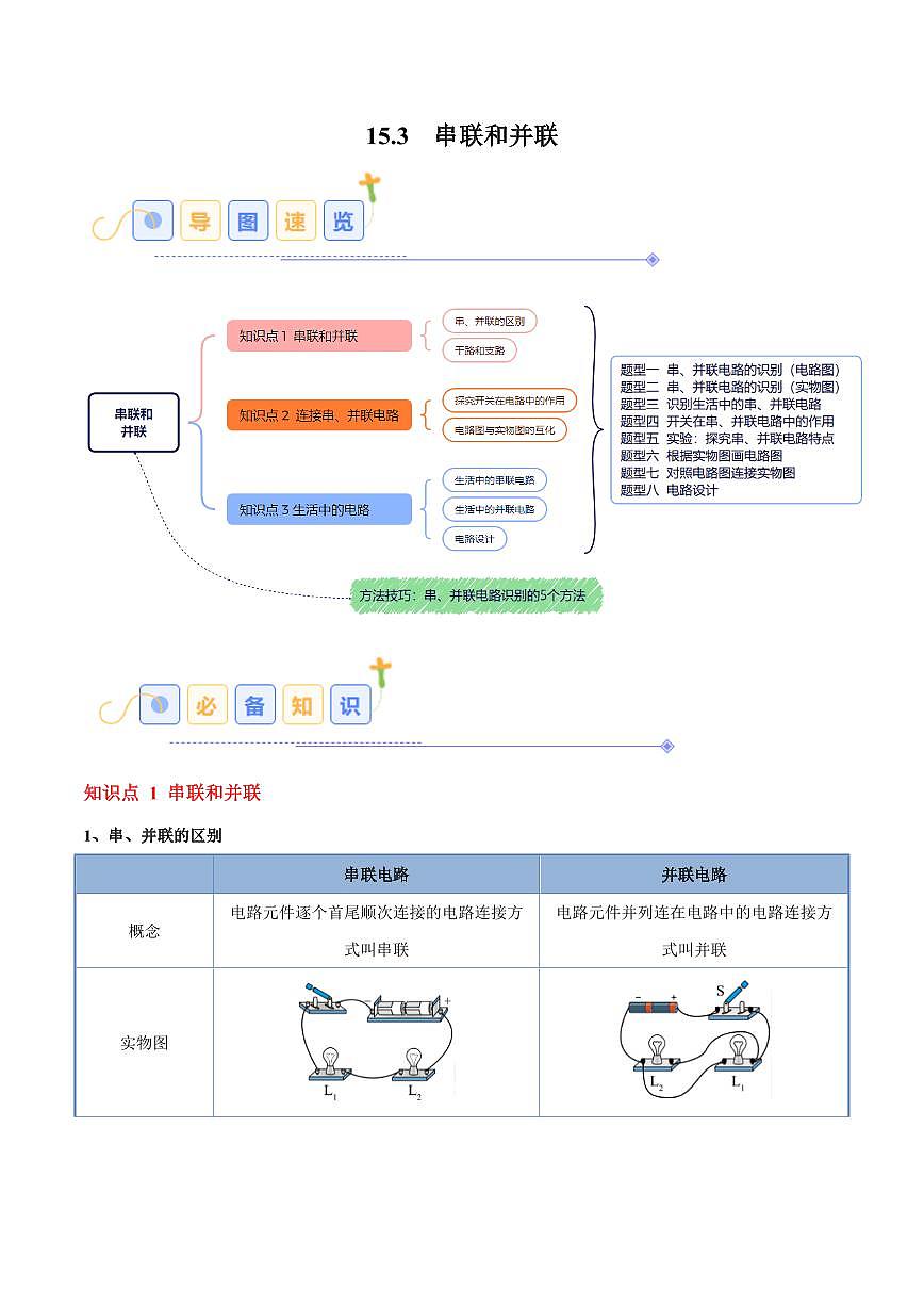 15.3 串聯(lián)和并聯(lián)（8大題型）（學(xué)生版） 2024-2025學(xué)年九年級物理全一冊同步題型分類講與練（人教版）第1頁