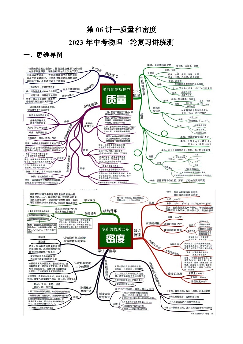 中考物理一轮复习讲练测(全国通用)第06讲质量和密度(思维导图+考点精讲+例题精析)(原卷版+解析)01