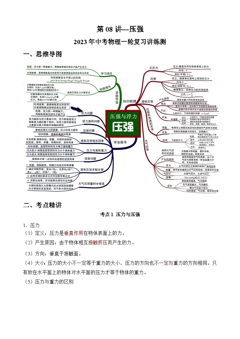 中考物理一轮复习讲练测(全国通用)第08讲—压强(思维导图+考点精讲+例题精析)(原卷版+解析)01