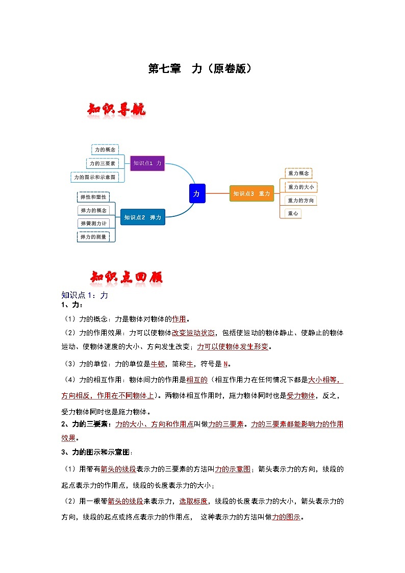 人教版中考物理一轮复习章节分类考点讲解与训练第七章力(原卷版+解析)第1页