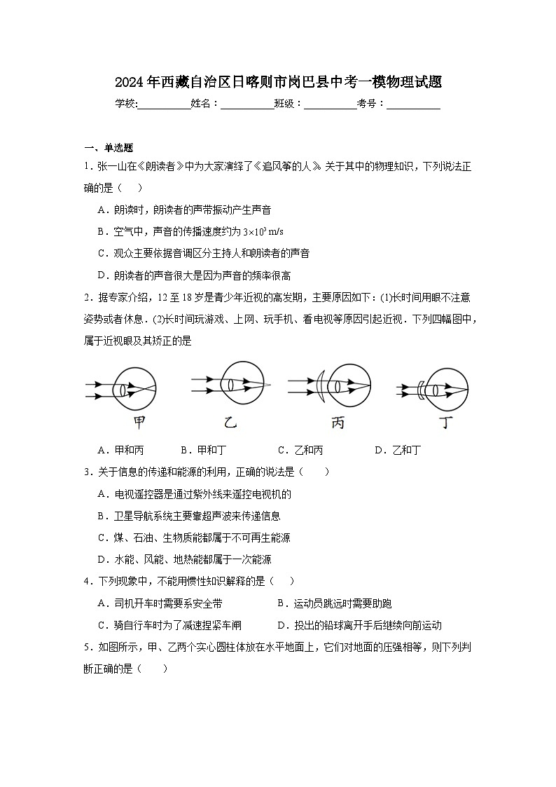 2024年西藏自治区日喀则市岗巴县中考一模物理试题01