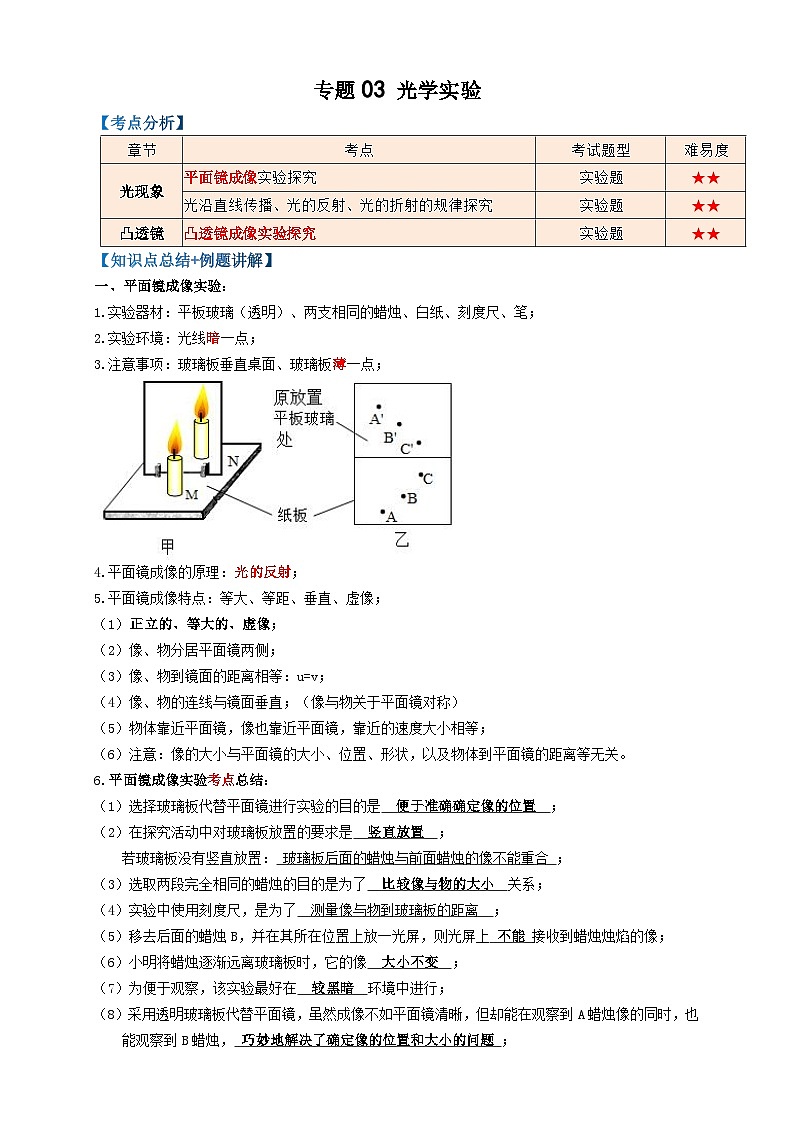 中考物理一轮复习专题03光学实验(知识点复习+例题讲解+过关练习)(原卷版+解析)第1页