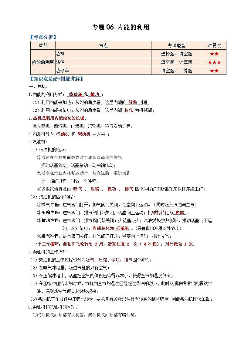 中考物理一轮复习专题06内能的利用(知识点复习+例题讲解+过关练习)(原卷版+解析)01