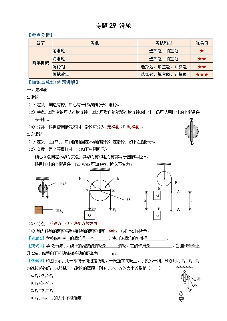 中考物理一轮复习专题29滑轮(知识点复习+例题讲解+过关练习)(原卷版+解析)第1页