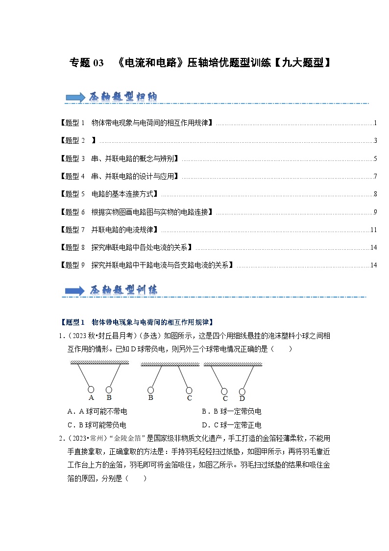 专题03  《电流和电路》压轴培优题型训练【九大题型】-九年级全一册物理《压轴挑战》培优专题训练（人教版）试卷