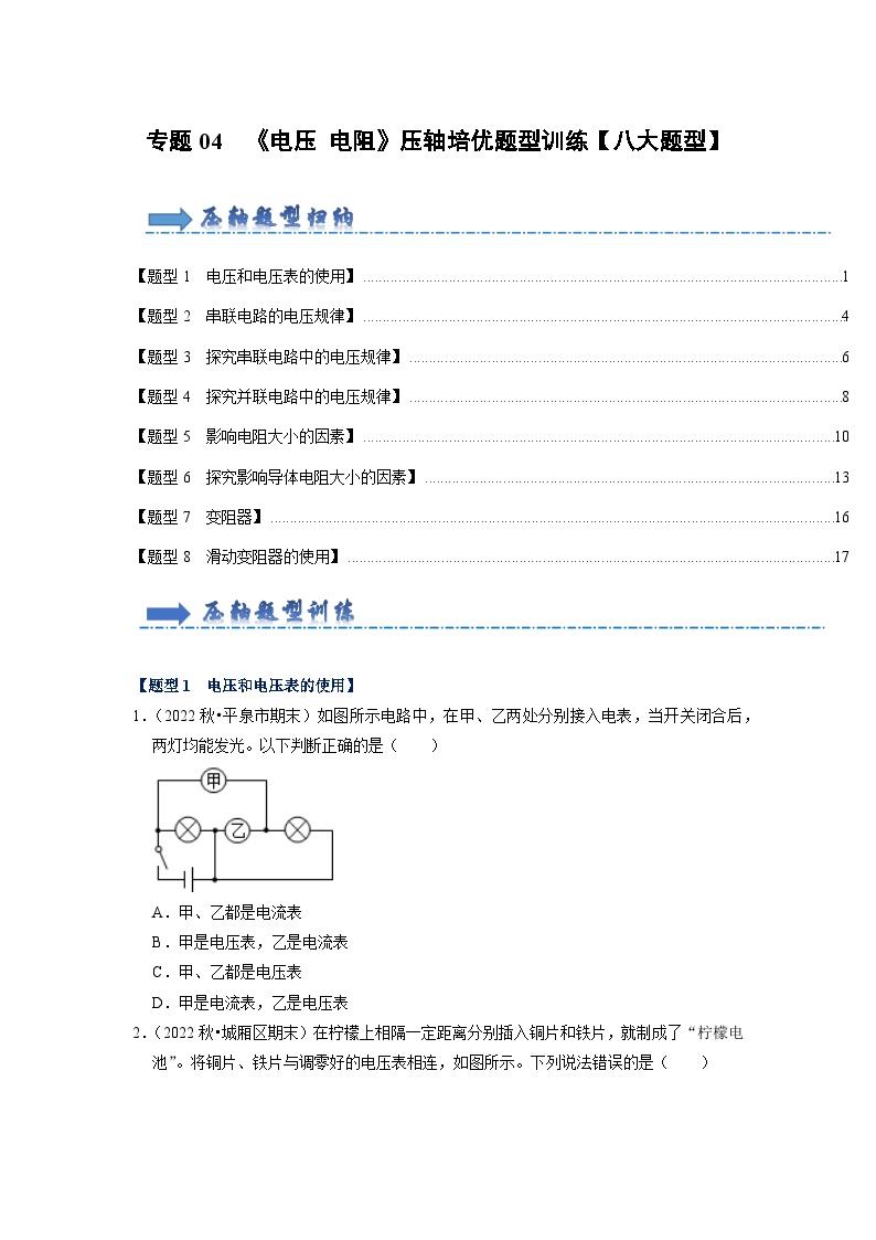 专题04  《电压 电阻》压轴培优题型训练【八大题型】-九年级全一册物理《压轴挑战》培优专题训练（人教版）试卷